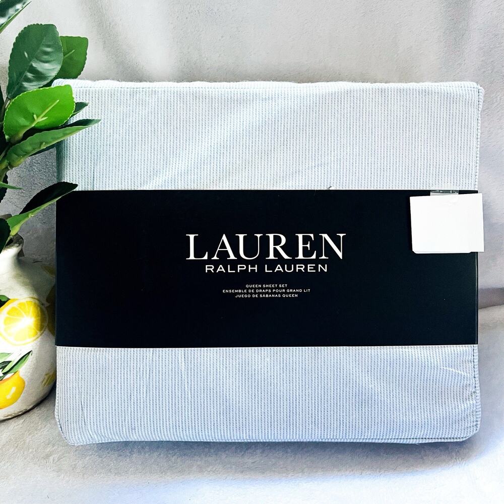 NEW Ralph Lauren Cotton Deep Fitted Sheet Set BlueWhite Oxford Stripe Queen Size